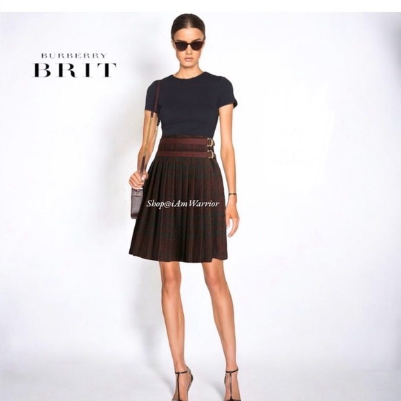 Burberry Merlot Plaid Pleated Skirt with Buckle Detail - Picture 1 of 7